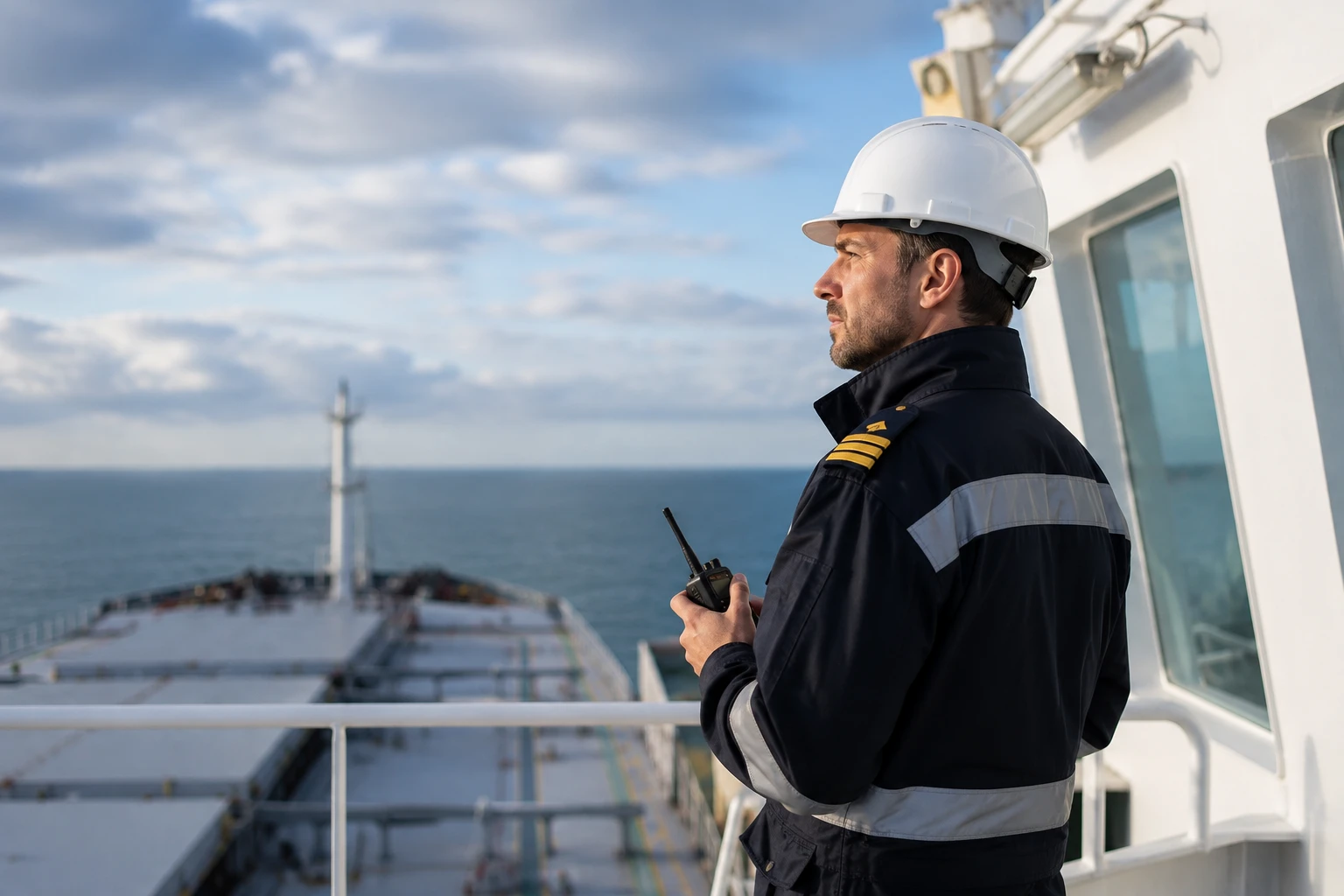 Deck officer using binoculars on board a commercial vessel